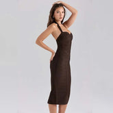 Brown Halter Knit Bodycon Midi Dress